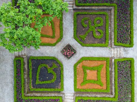 Aerial drone top down look to Small square in park with plants in card symbols shape