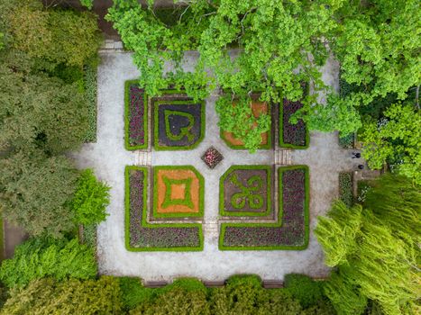 Aerial drone top down look to Small square in park with plants in card symbols shape