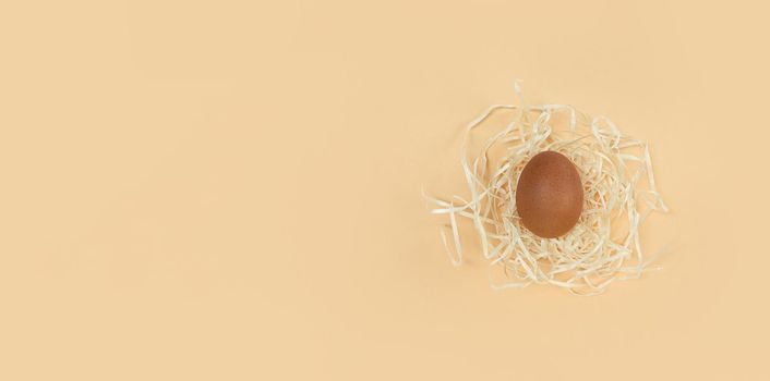 Brown egg in decorative nest on a beige backdrop with copy space.
