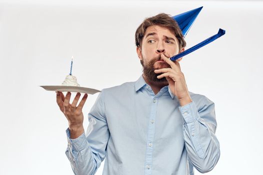 Happy guy with birthday cake white background Compact corporate party cropped beard view. High quality photo
