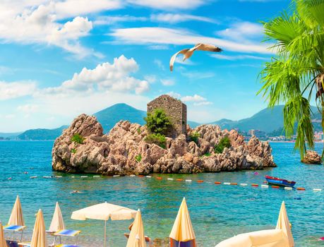 Picturesque summer view of Adriatic seacoast in Budva Riviera. Przno