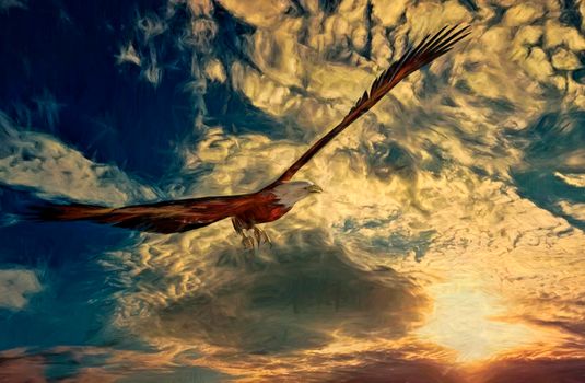 Illustration of an eagle at sunset background - 3D rendering and digital paint