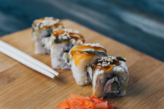 sushi set red ginger chopsticks delivery japanese cuisine. High quality photo