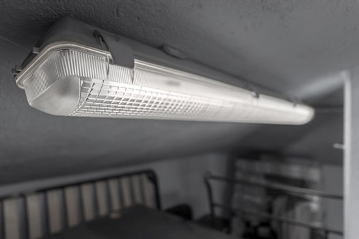 Close - up of an old neon lamp in a gray ceiling in cellar.