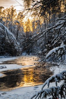 The wild nature at sunset, the wild frozen small river in the winter wood, the Red River, ice, snow-covered trees. High quality photo