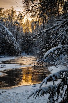 The wild nature at sunset, the wild frozen small river in the winter wood, the Red River, ice, snow-covered trees. High quality photo