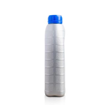 Gray plastic can machine lubricating oil bottle 1 liter with a blue cap for machine engine isolated on over white background with clipping path