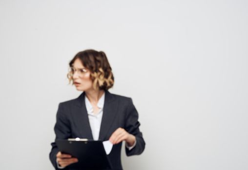Woman business finance documents glasses suit. High quality photo