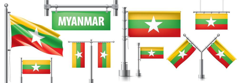 Vector set of the national flag of Myanmar in various creative designs.