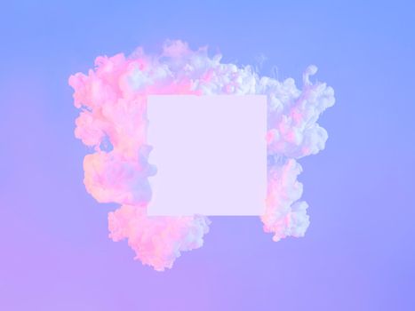 Creative abstract neon background with copy space. Empty white square and clouds made from white paint in blue or violet and pink light. Fluid creative composition. Trendy minimal frame concept.