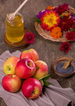 Apple and honey, traditional food. Selective focus. Copyspace background