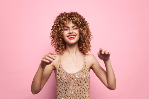 Charming model More fun curly hair red lips emotions bright makeup cropped view
