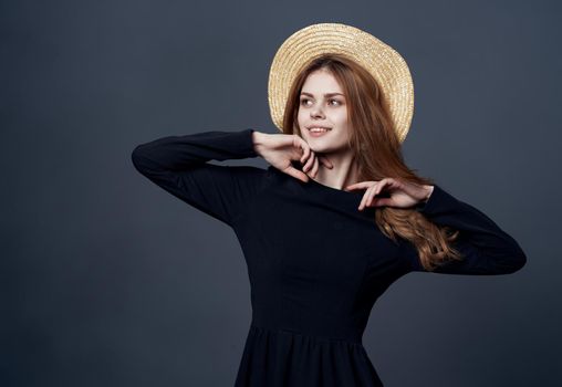 Pretty woman in charm hat luxury black dress fun model. High quality photo