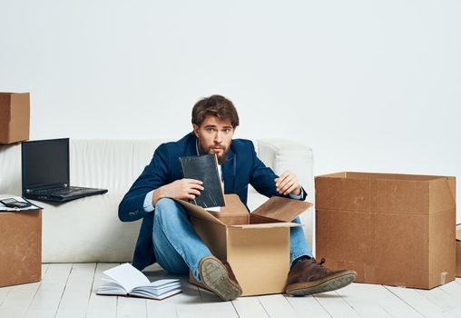 Business man boxes with things moving office lifestyle official. High quality photo