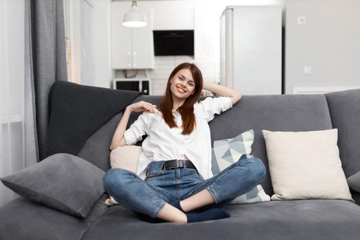 cheerful woman at home in the apartment rest free time. High quality photo