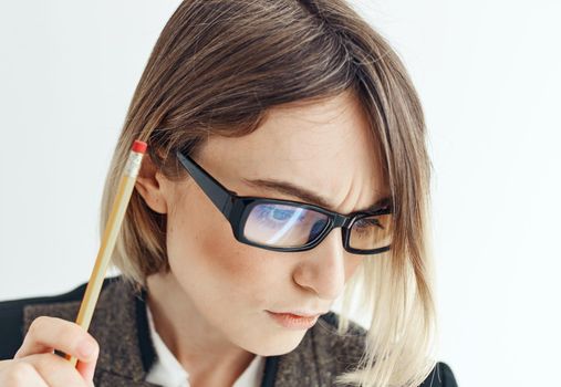 Business woman in jacket puzzled look business finance. High quality photo