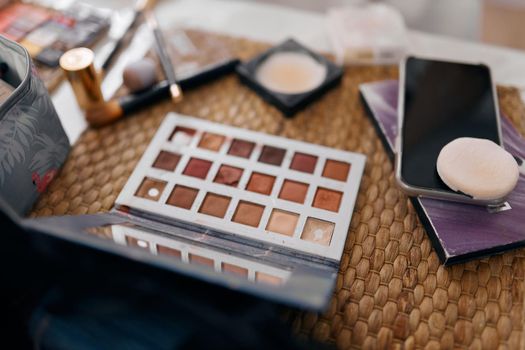 eyeshadow cosmetic bag mobile phone mirror. High quality photo