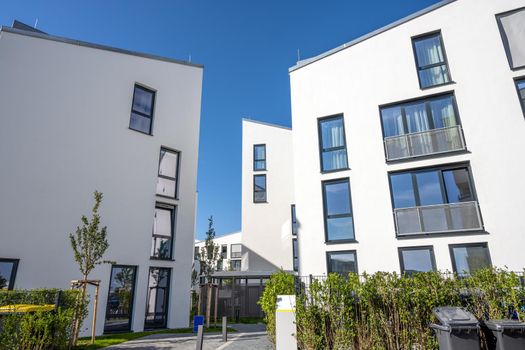 Modern white townhouses seen in Berlin, Germany