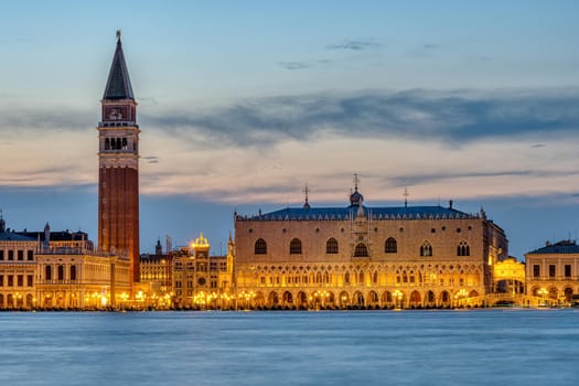 View to Piazza San Marco in Venice after sunset with the famous Campanile and the Doge's Palace