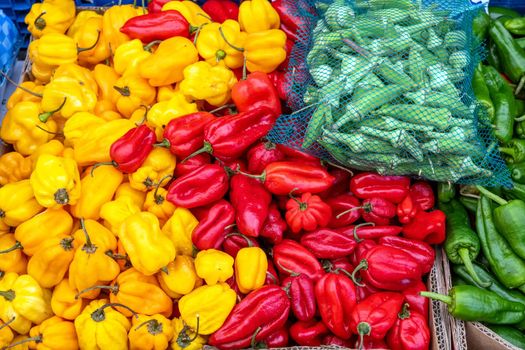Different kind of peppers for sale at a market