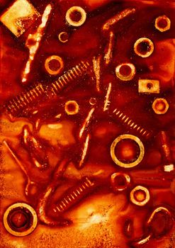Imprint of rusty screws, bolts, nuts, springs and other items