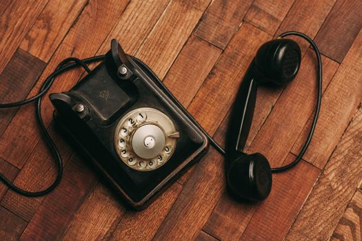 black retro telephone technology communication vintage classic style. High quality photo