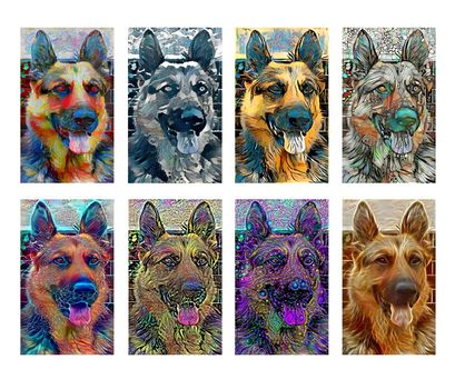 Colorful German shepherd illustration created using different artistic techniques brushes and media