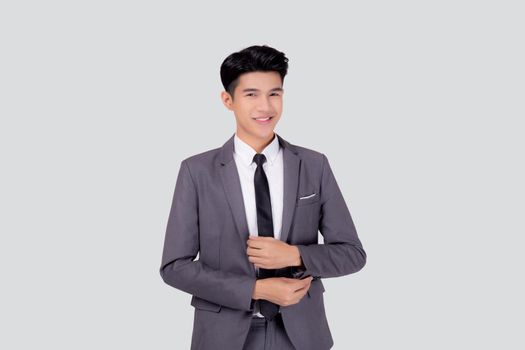 Portrait young asian businessman in suit smiling with confident and friendly isolated on white background, business man smart with success, manager or executive with handsome and leadership.