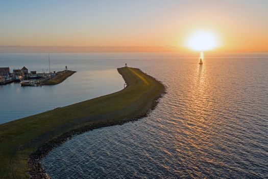 Aerial from the lighthouse from Stavoren at the IJsselmeer in the Netherlands at sunset