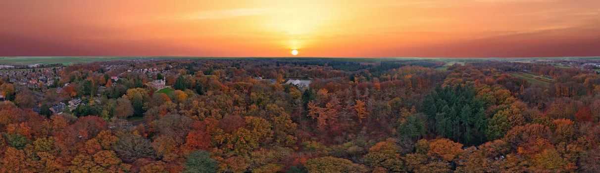 Panoramic aerial from a forest in the countryside from the Netherlands in fall at sunset