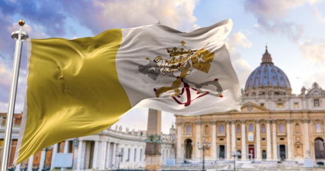 The flag of the Vatican city state fluttering in the wind with St. Peter's basilica blurred in the background. Travel and tourism. Catholicism and faith
