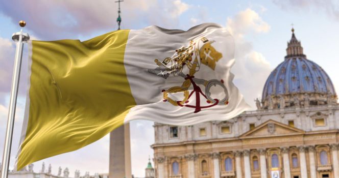 The flag of the Vatican city state fluttering in the wind with St. Peter's basilica blurred in the background. Travel and tourism. Catholicism and faith