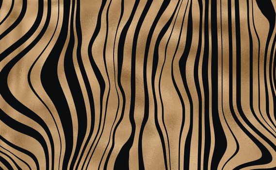 Zebra abstract stripes, wavy with colourful black gold beautiful pattern. Safari, wildlife zoo natural background. African animal design. Horizontal background. Illustration
