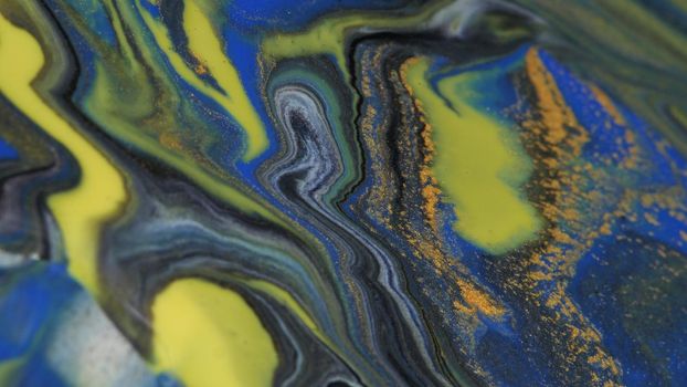 Abstract colorful background of spreading colors. Abstract dark paint background. Acrylic texture with marble pattern. Abstract-ART. Natural luxury. The style includes the vortices of marble or the ripples. Very beautiful blue, black, red, yellow, gray paint with the addition of gold powder.