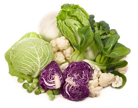 Mix of cabbages on white background: white cabbage, red cabbage, Savoy cabbage, Roman cabbage