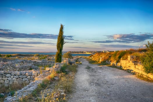 Marine landscape with views of the ruins of the ancient city of Hersonissos on the background