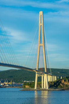 Details of the Russian bridge against the blue sky. Vladivostok, Russia.