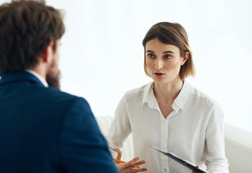 woman and man suit documents communication work . High quality photo