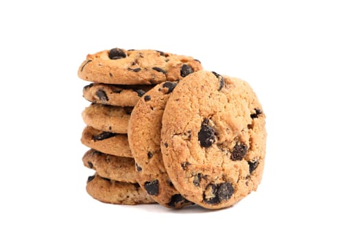 Stack of tasty chocolate chip cookies on white background