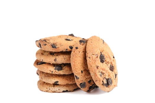 Stack of tasty chocolate chip cookies on white background