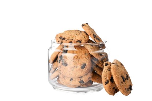 Glass jar with tasty chocolate chip cookies on white background