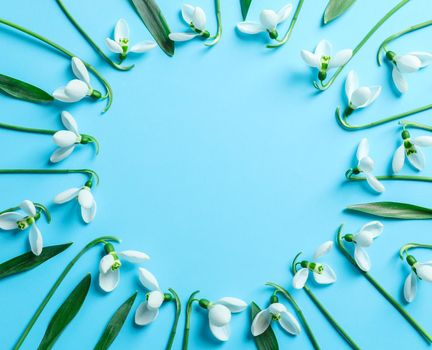 Flat lay composition with snowdrop flowers on color background, space for text