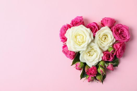 Beautiful roses in shape of heart on color background