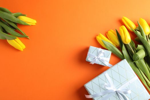 Beautiful fresh yellow tulips with gifts on color background