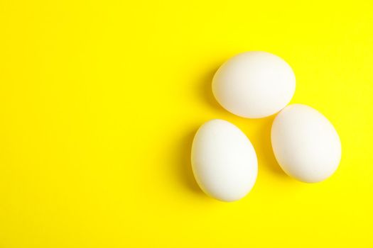Chicken eggs on color background, space for text