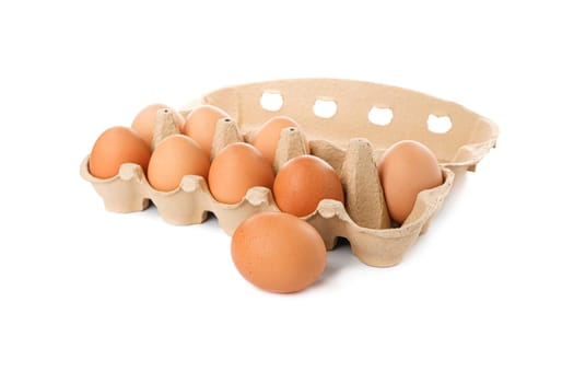 Brown chicken eggs in carton box isolated on white background