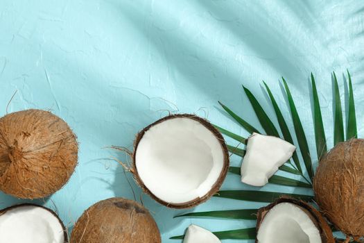 Tropical coconuts with palm branches on color background, space for text