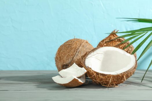 Coconuts with palm branch on wooden table against color background