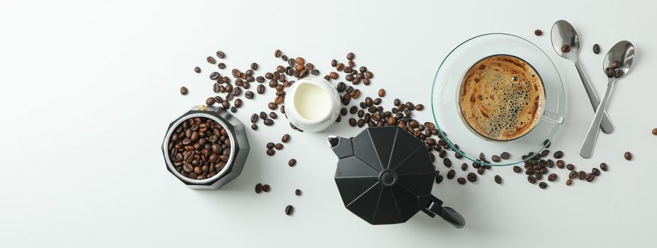 Flat lay composition with coffee time accessories on white background, space for text and top view