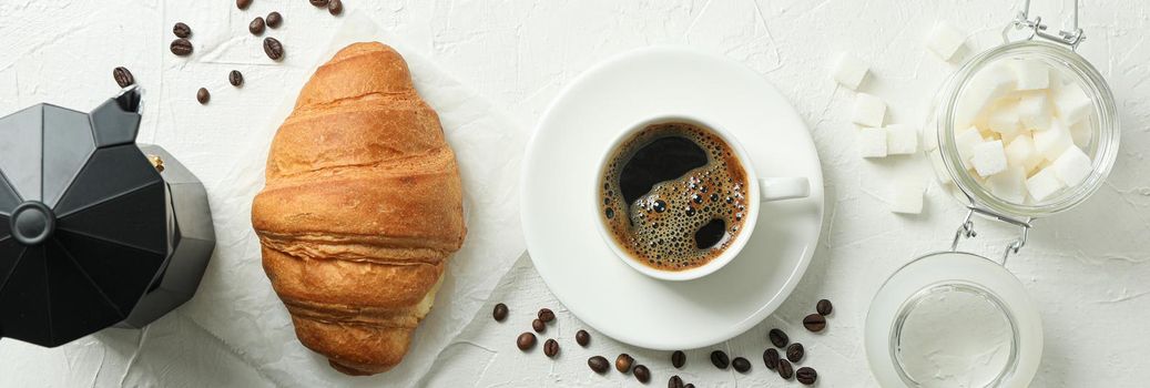 Flat lay composition with coffee time accessories on white background. Break time